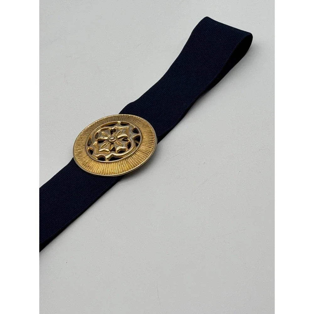 Vintage Navy Blue Elastic Cinch Belt Gold Filigree Round Buckle Medium 27 Inch